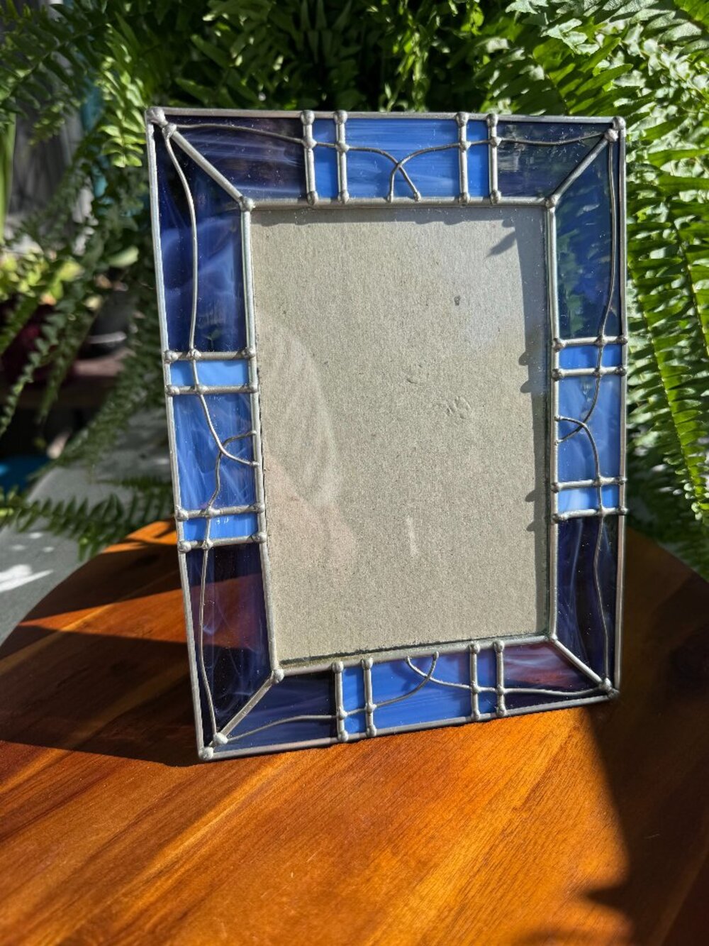 Vintage Blue Stained Glass Picture Frame 4x6, Leaded Art Glass